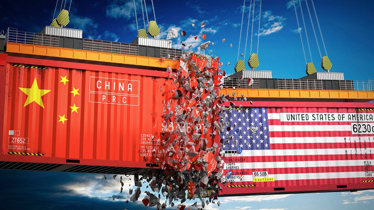 A 3d illustration of clashing cargo containers branded with flags of China and USA.