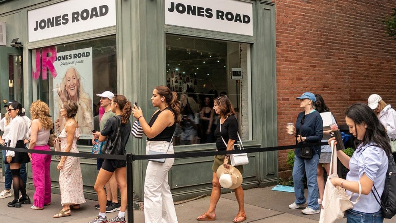 Customers waiting to go in at the grand opening of the Jones Road brand cosmetics store in Greenwich Village in New York.