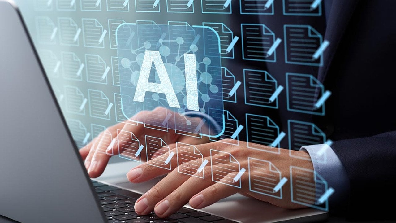 Generative AI artificial intelligence generate text document and abstract papers as symbolized by person typing on laptop icons of many docs covering the image.