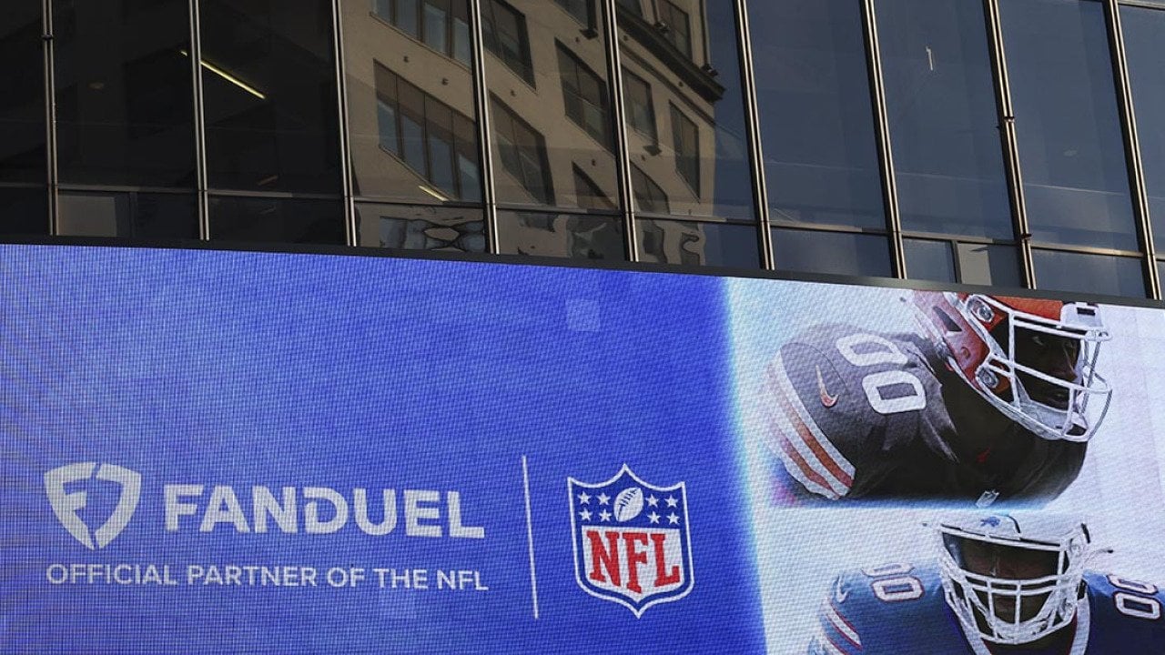 A FanDuel, the official partner of the NFL, gambling advertisement on the exterior of Madison Square Garden on September 03, 2025 in New York City.