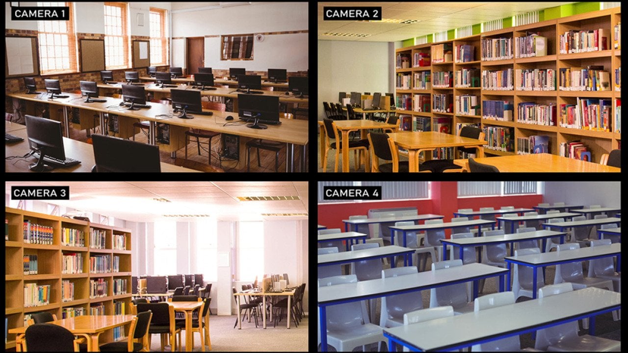 A composite view of security cameras surveilling four different areas of a school including classrooms.