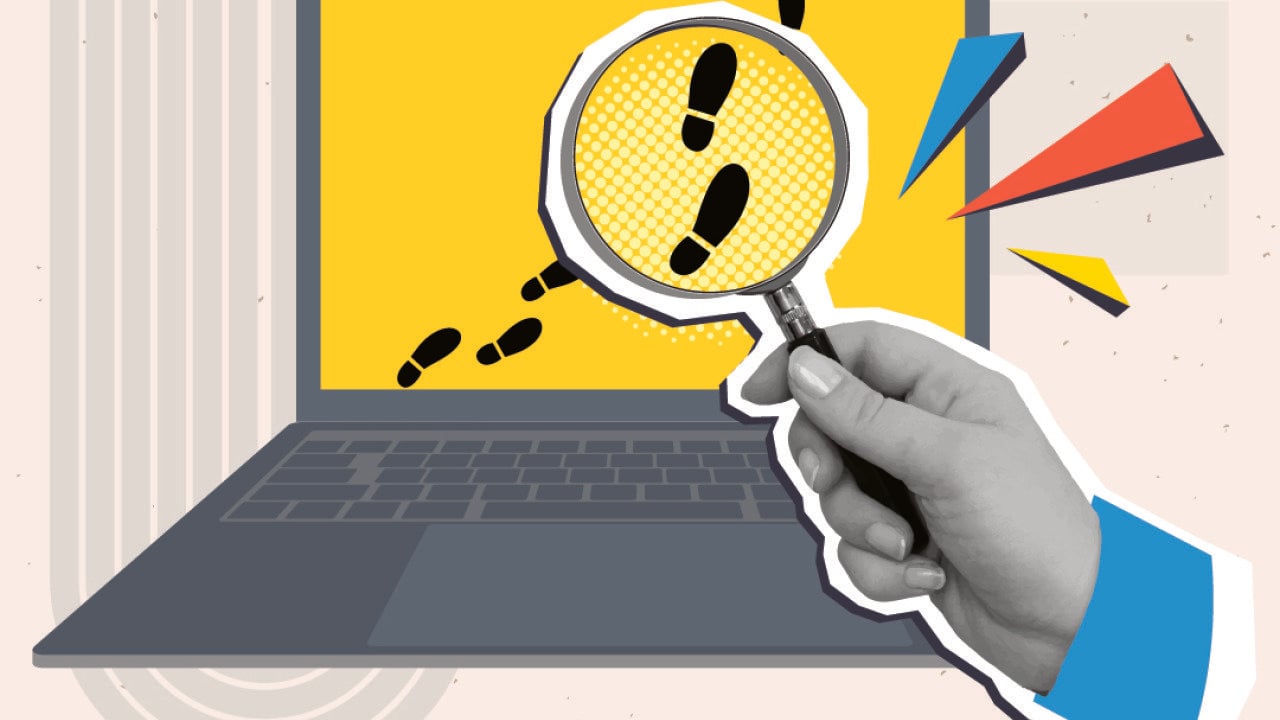 A collage style illustration of a hand holding a magnifying glass over digital footprints on a laptop screen.