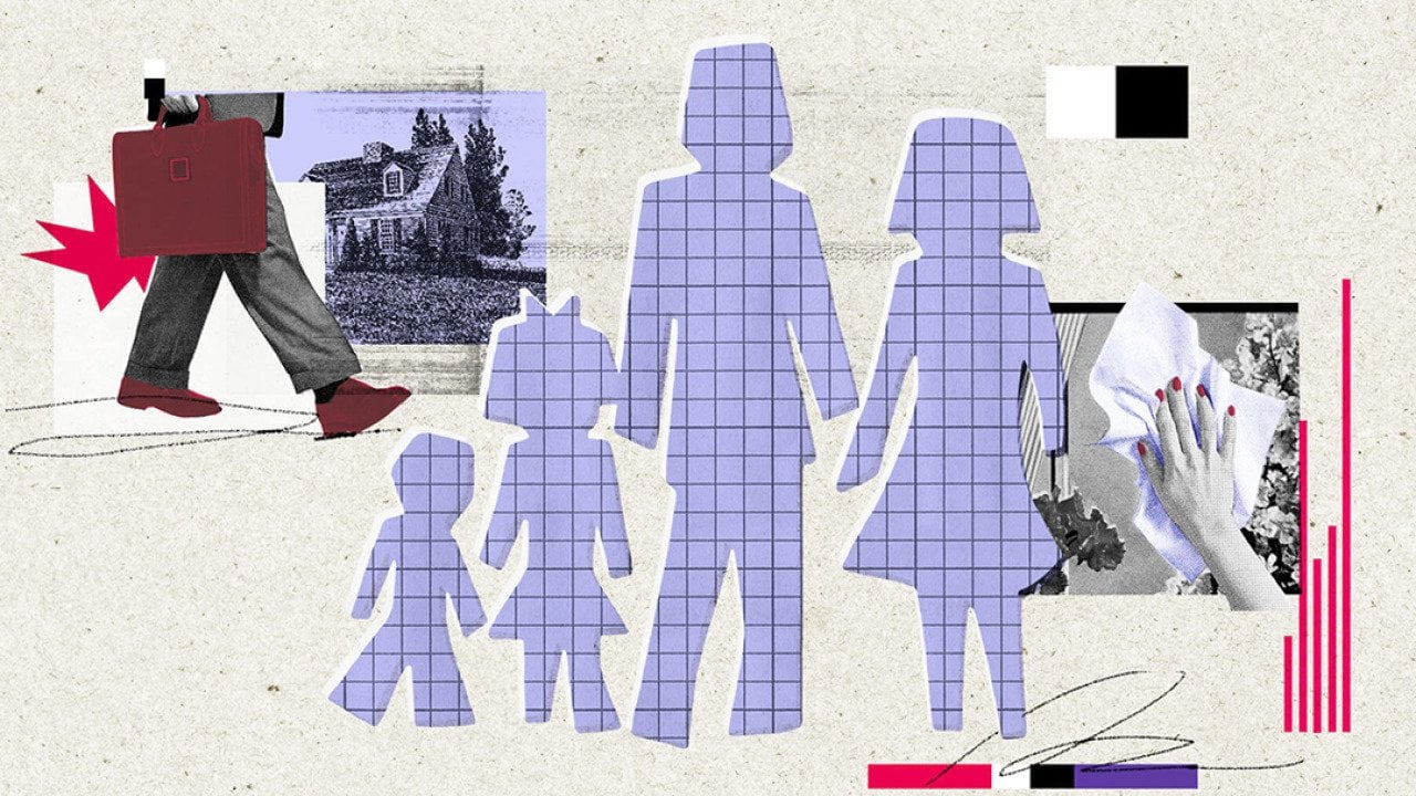 A collage of cutouts and graphics of a traditional four-member family.