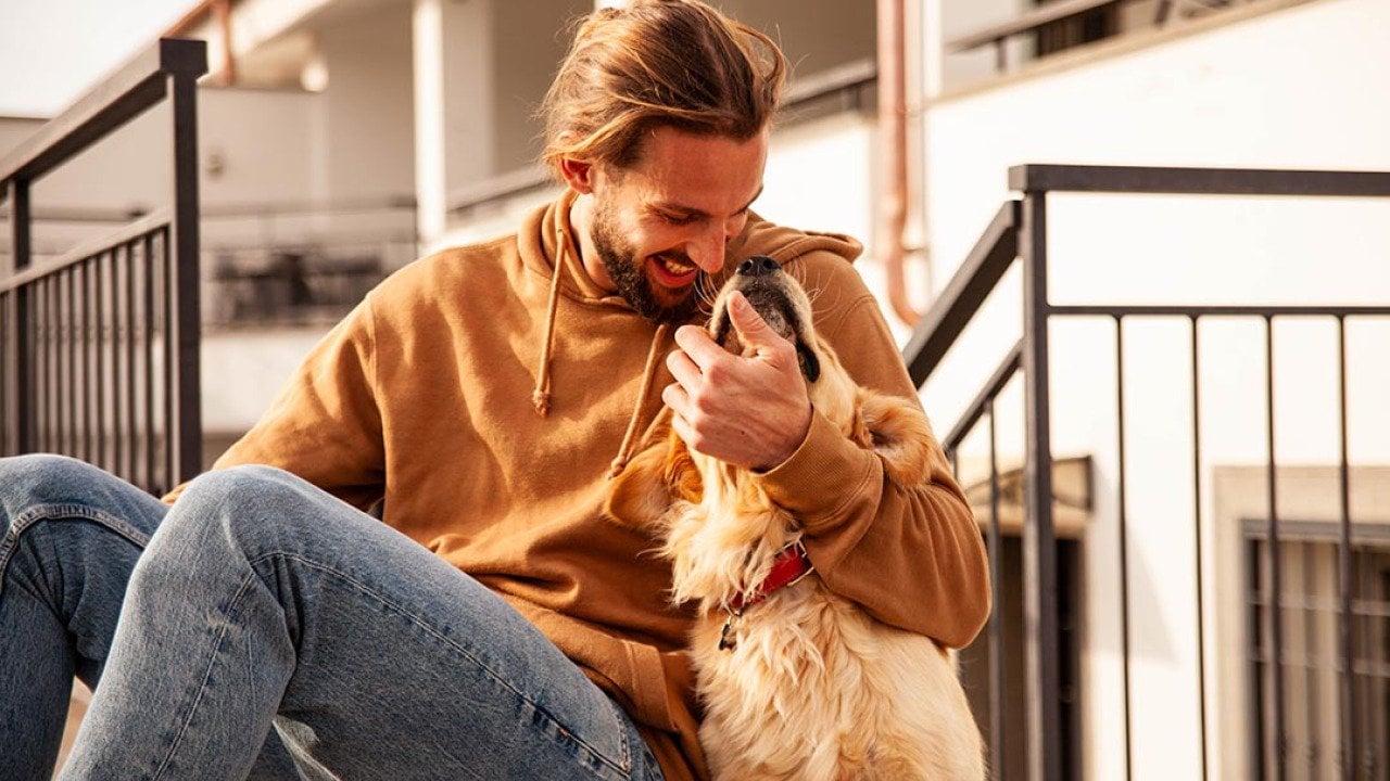 Sporty guy in honey-colored pullover hoodie and jeans sitting outside on steps playfully hugging a golden retriever.