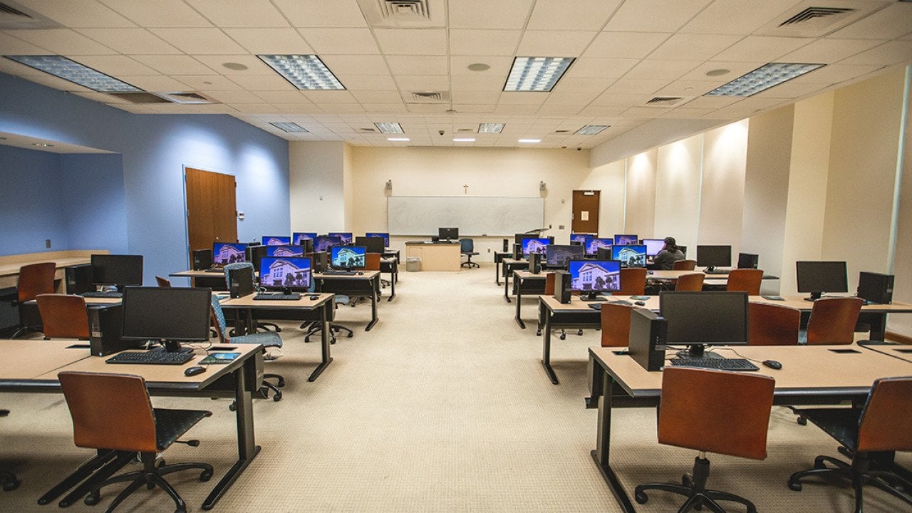 A classroom equipped with computers inside Spring Hill College's Library Building in Mobile, Alabama.