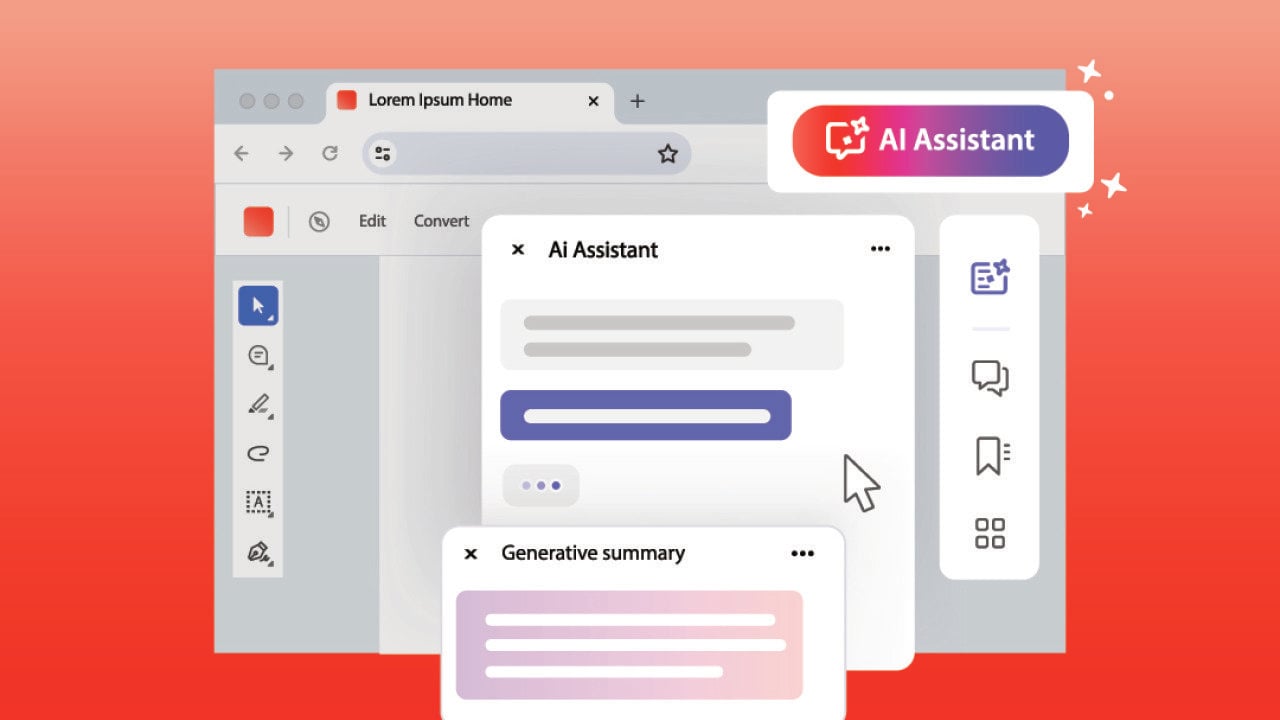 Illustration of a .pdf reader app with AI assistant features.