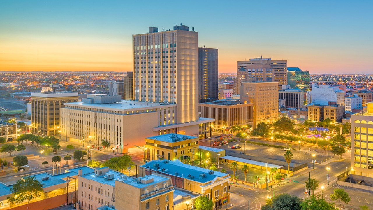 Aerial view of downtown El Paso in Texas at dusk.