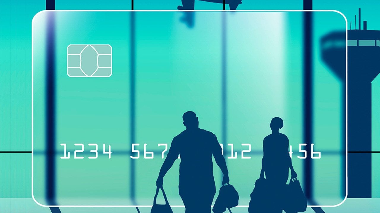 A 3D illustration of a credit card with air travelers in an airport terminal.