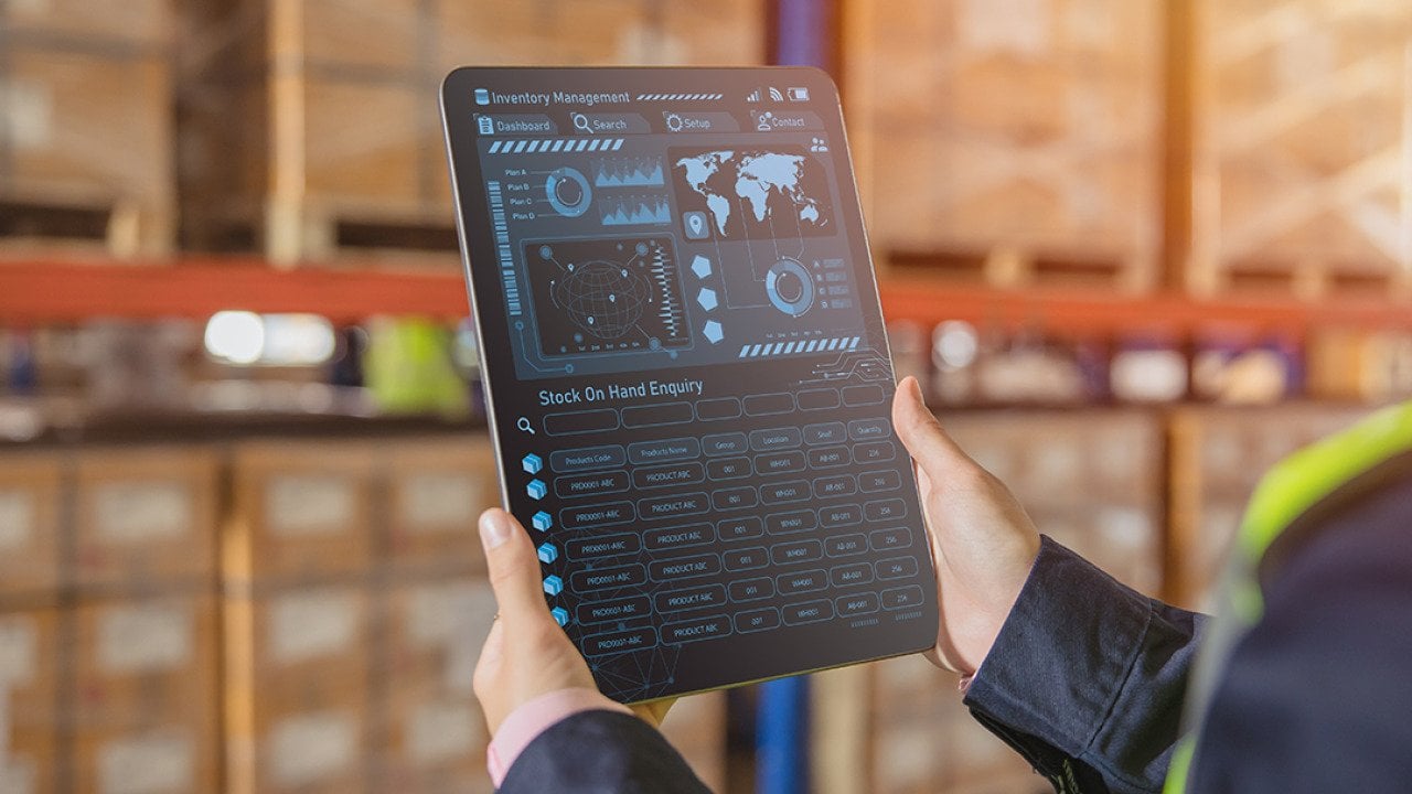 A smart warehouse management system app on a tablet.