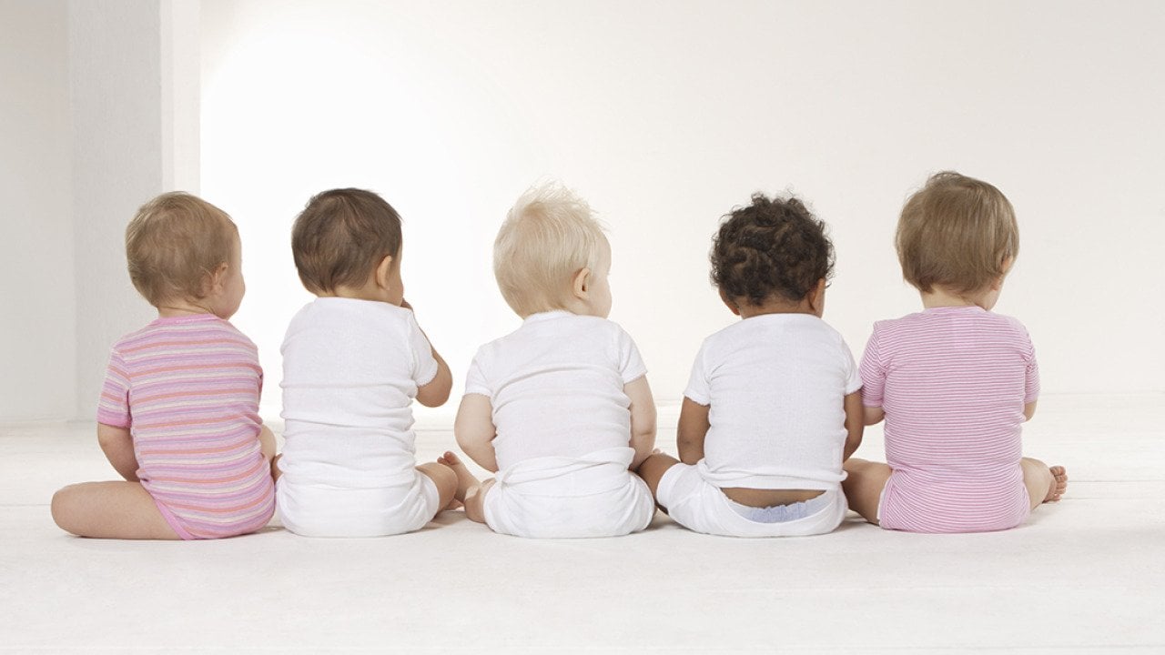 Rear view of five babies sitting on the floor.