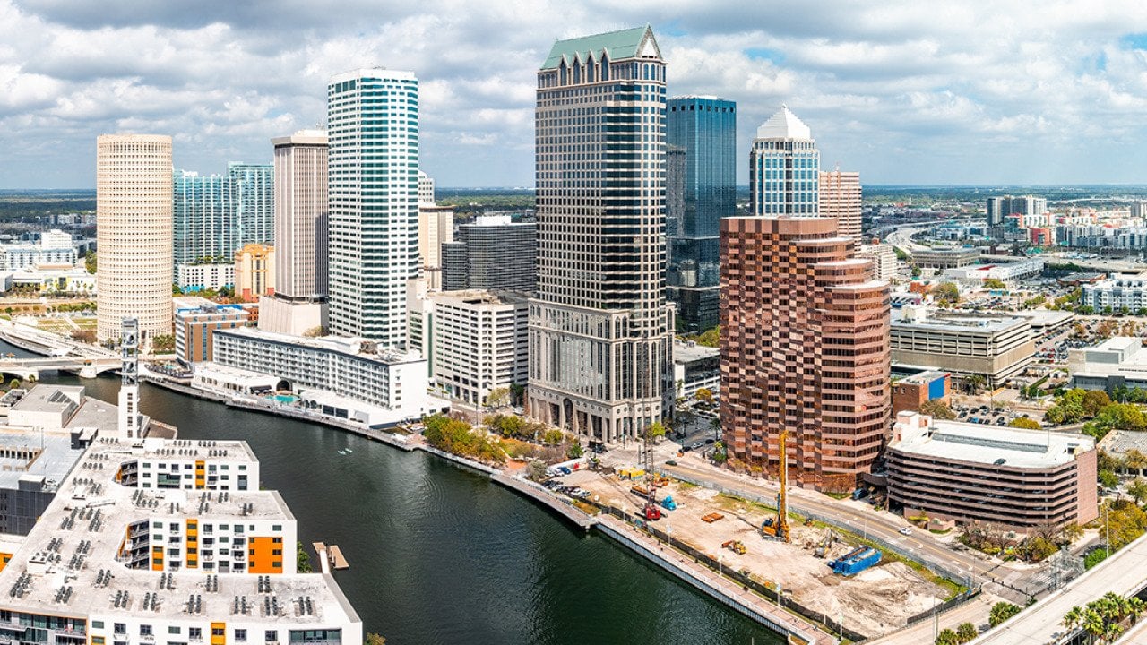 Aerial view of the Tampa city skyline in Florida.