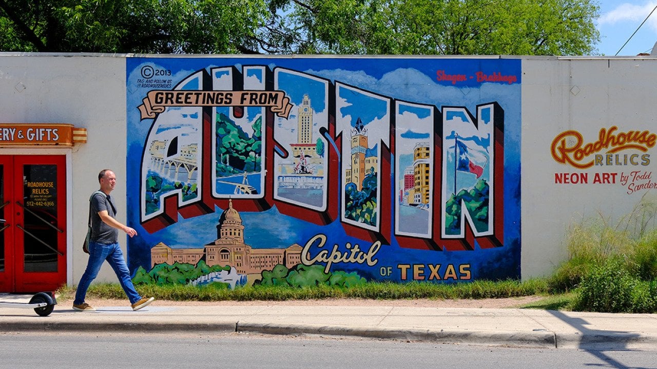 The 'Greetings from Austin' postcard mural in South Congress in Austin, Texas.