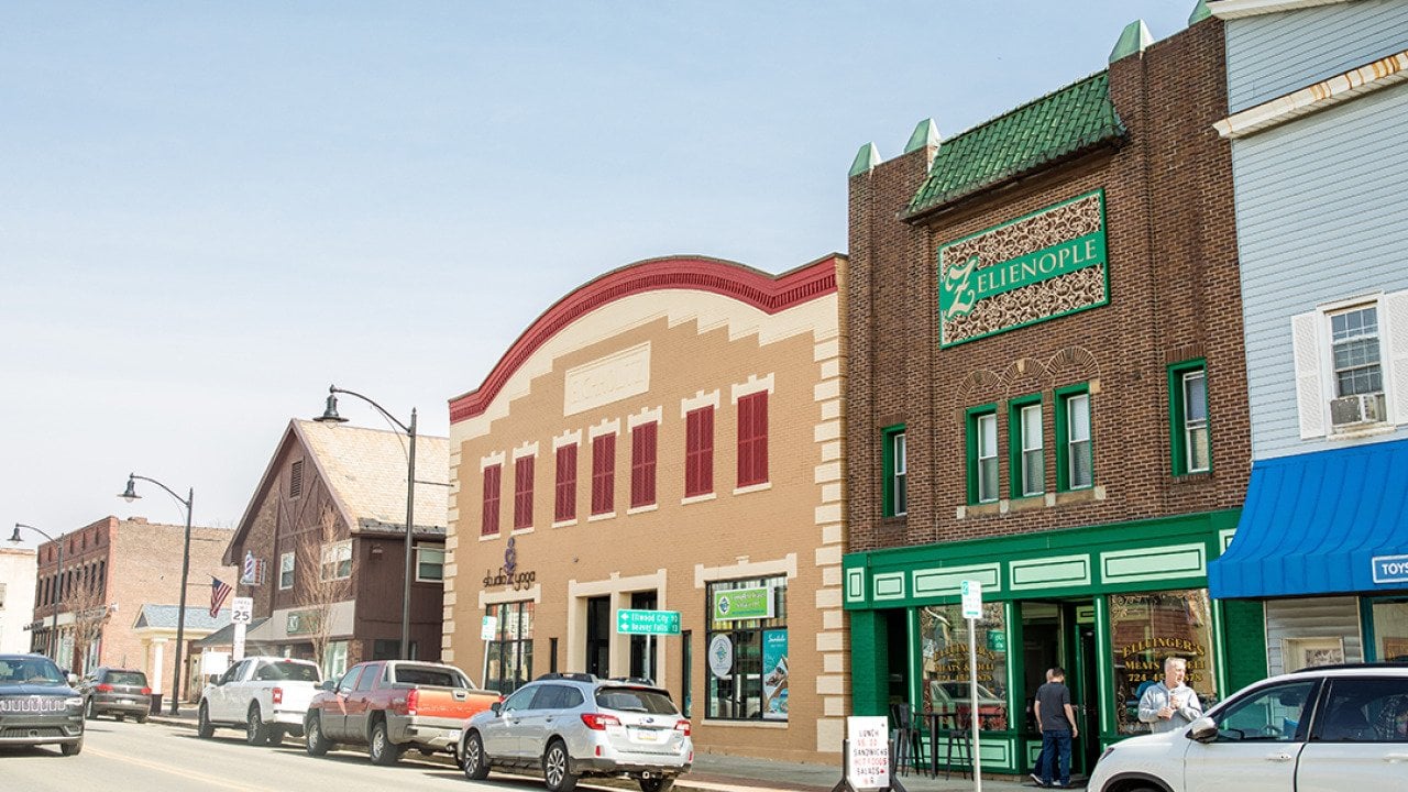 The main street in the borough of Zelienople in Pennsylvania on a sunny day.
