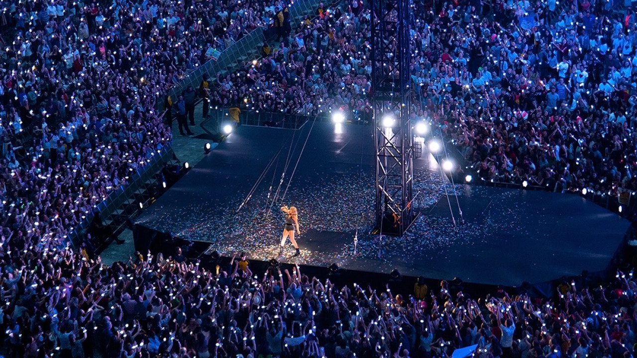 High-angle view above stage of Taylor Swift performing in concert at Wembley Stadium on June 23, 2018 in London, United Kingdom.