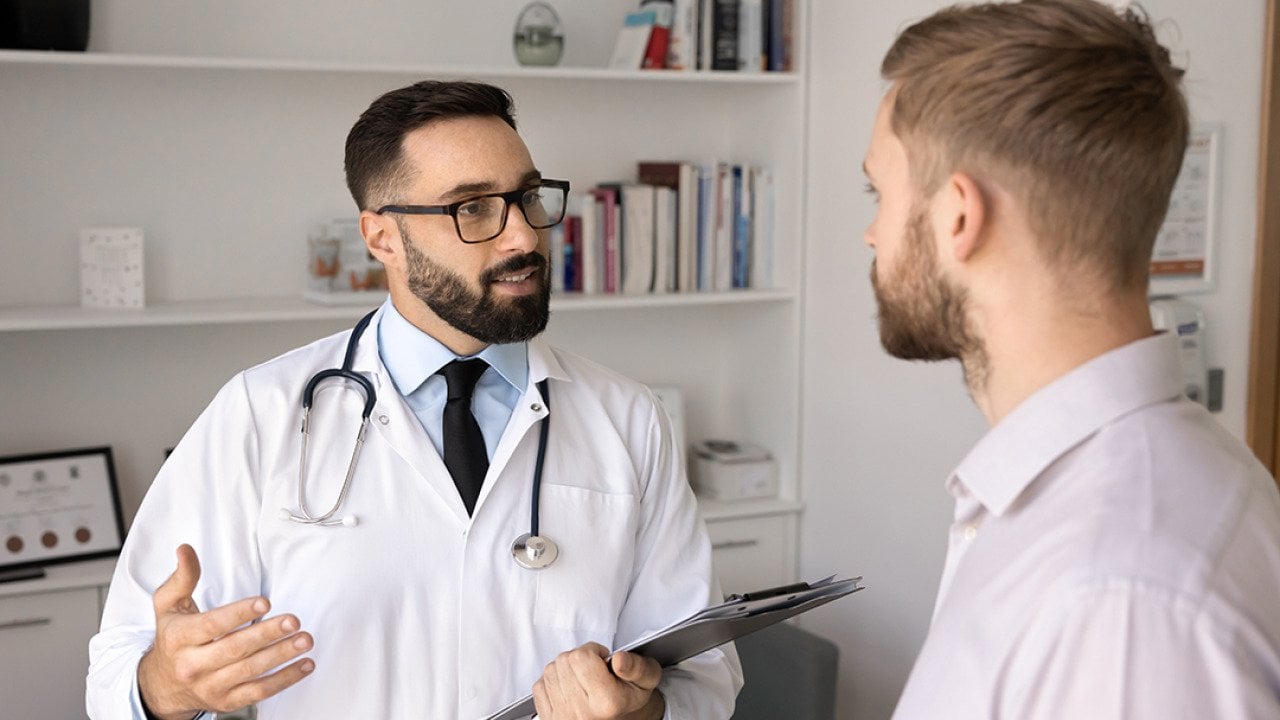 A young man consults with a physician.