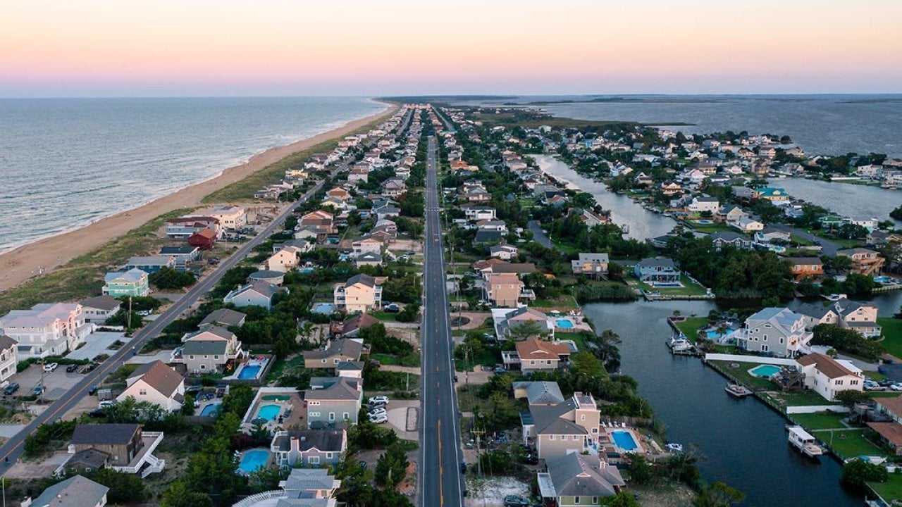 Aerial View looking south of the Sandbridge area of Virginia Beach at Sunset.