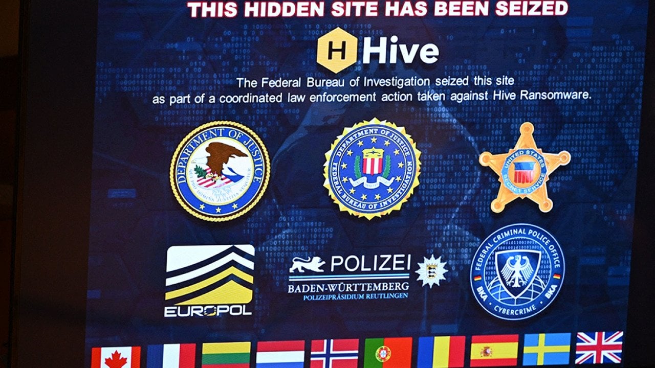 A sign displaying a seized hidden site during a press conference to announce an international ransomware enforcement action, at the Justice Department in Washington, DC, on January 26, 2023.