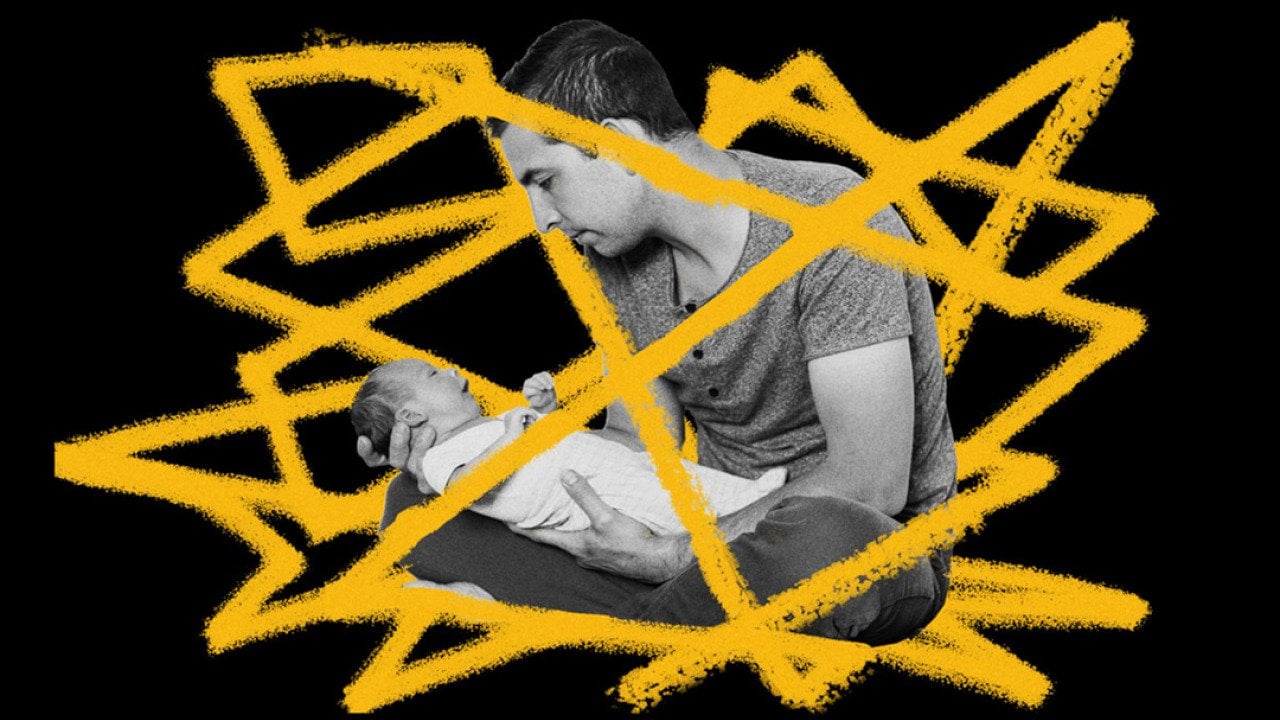 A custom graphic of a father holding his newborn baby illustrated with tangled lines.