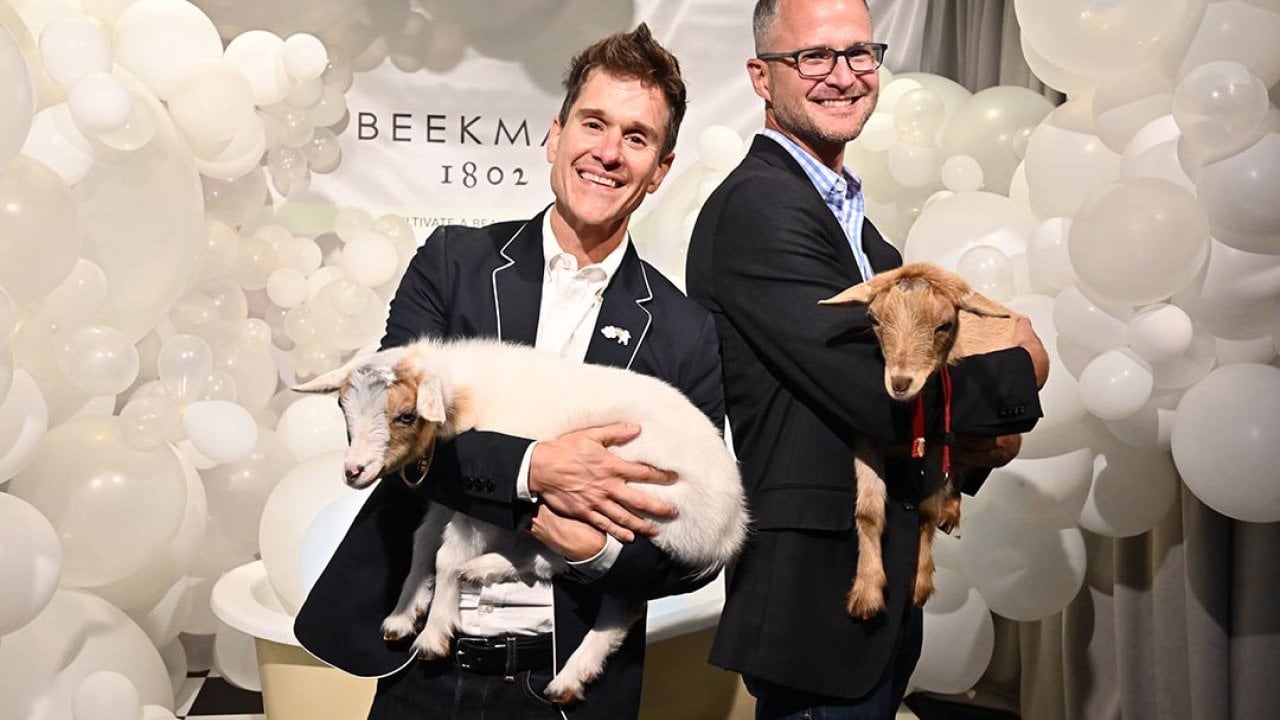 Dr. Brent Ridge and Josh Kilmer-Purcell of Beekman 1802 pose for a photo with Beekman goats as QVC presents Beauty Bash at The Fillmore Philadelphia on June 08, 2019 in Philadelphia, Pennsylvania.