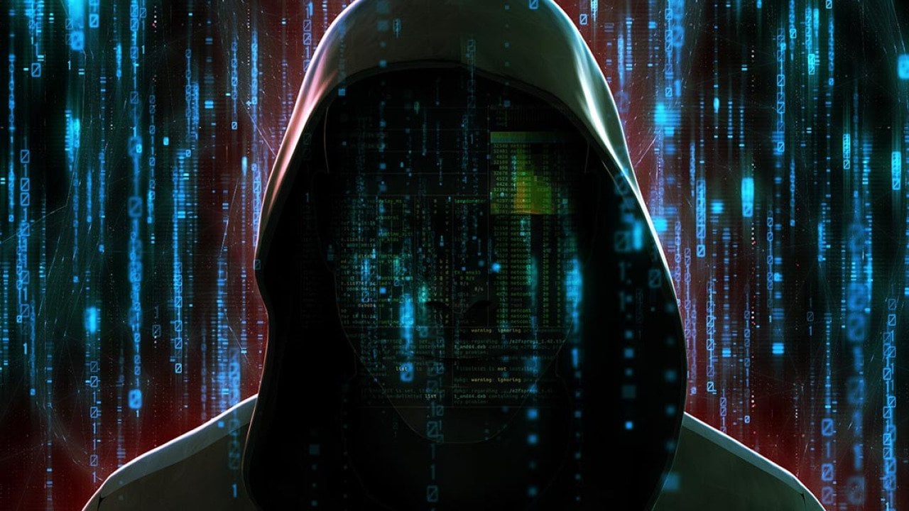 Illustration depicting cybersecurity concept with faceless figure of criminal in a hoodie against futuristic code background symbolizing AI technology.