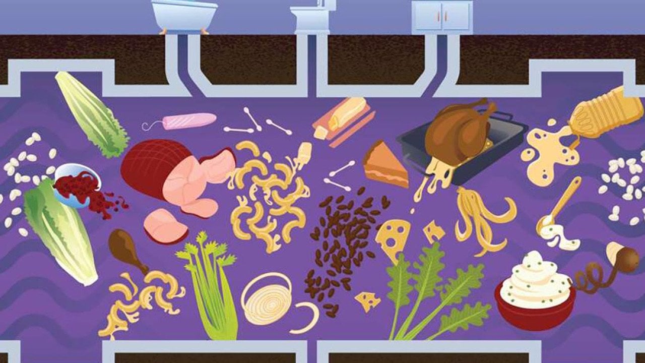 ILlustration depicting all the Thanksgiving detritus that can end up in drains.