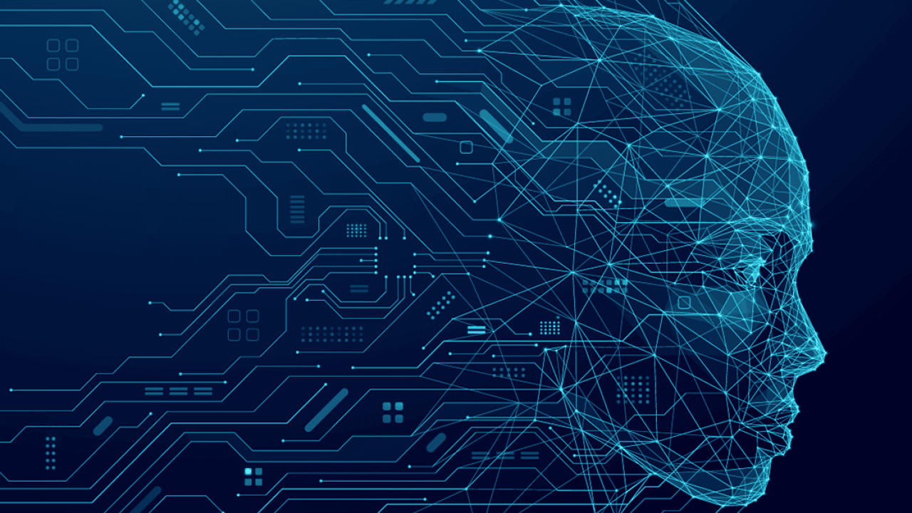 Concept of AI illustrated by abstract human head consisting of connected dots, lines, and polygons flows into the wires of a circuit. The silhouette of a cyborg in low poly blue.