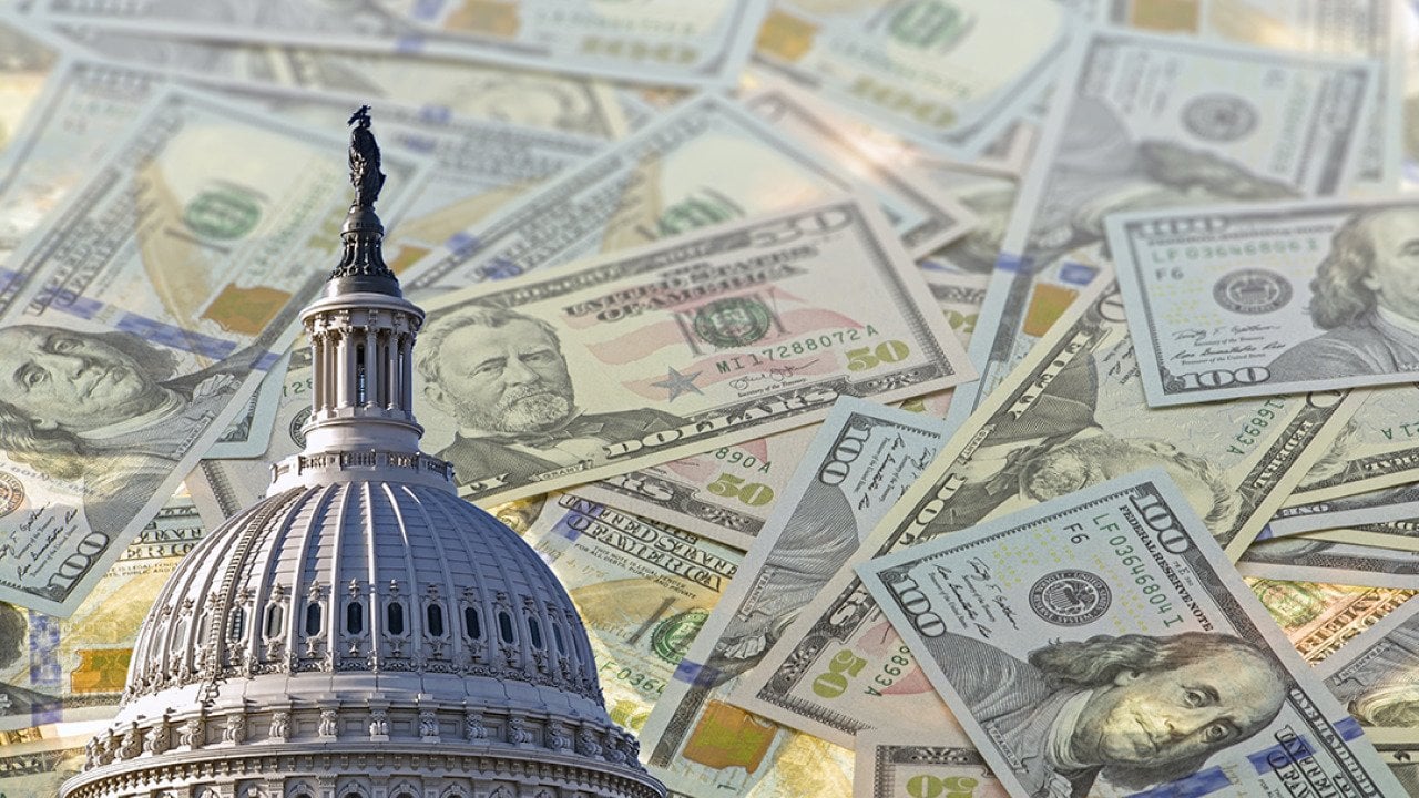 A collage of the United States Capitol dome with a background of US dollar banknotes.