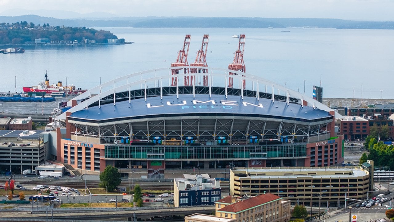 Aerial view of Lumen Field Stadium in Seattle, Washington.