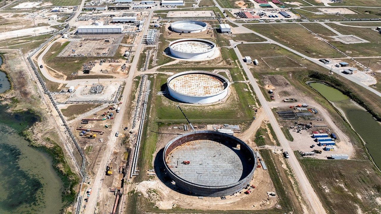 An aerial view of the Strategic Petroleum Reserve storage at the Bryan Mound site in Freeport, Texas.