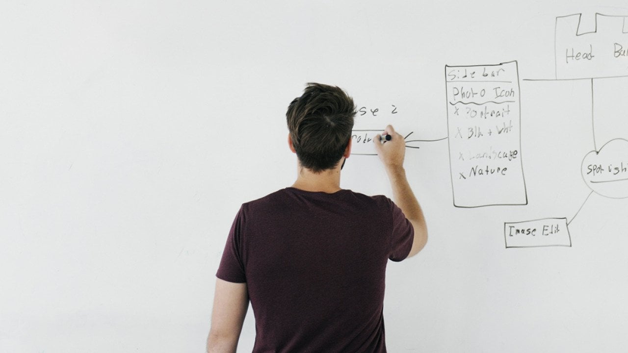 Man writing business planning strategy charts on a wide whiteboard.