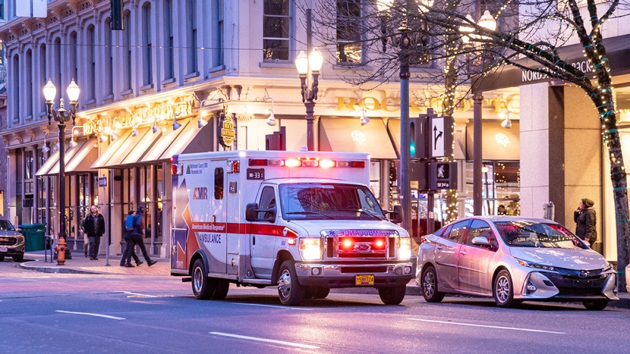 An American Medical Responce ambulance unit in downtown Portland in Oregon.