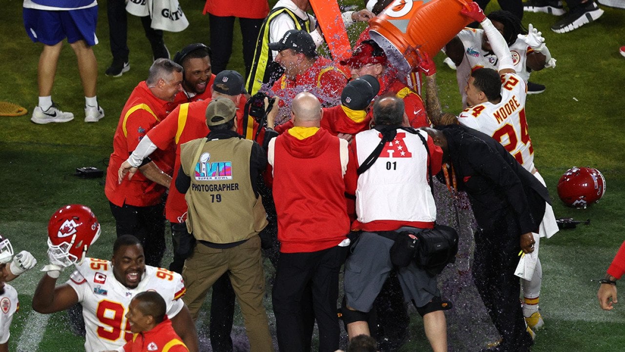 Kansas City Chiefs celebrate after defeating the Philadelphia Eagles 38-35 to win Super Bowl LVII at State Farm Stadium on February 12, 2023 in Glendale, Arizona.
