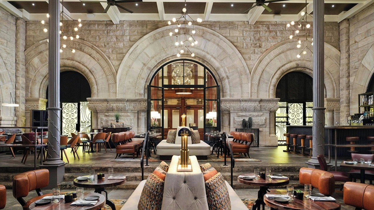 Interior of the Union Station Nashville Yards hotel lobby in Tennessee.