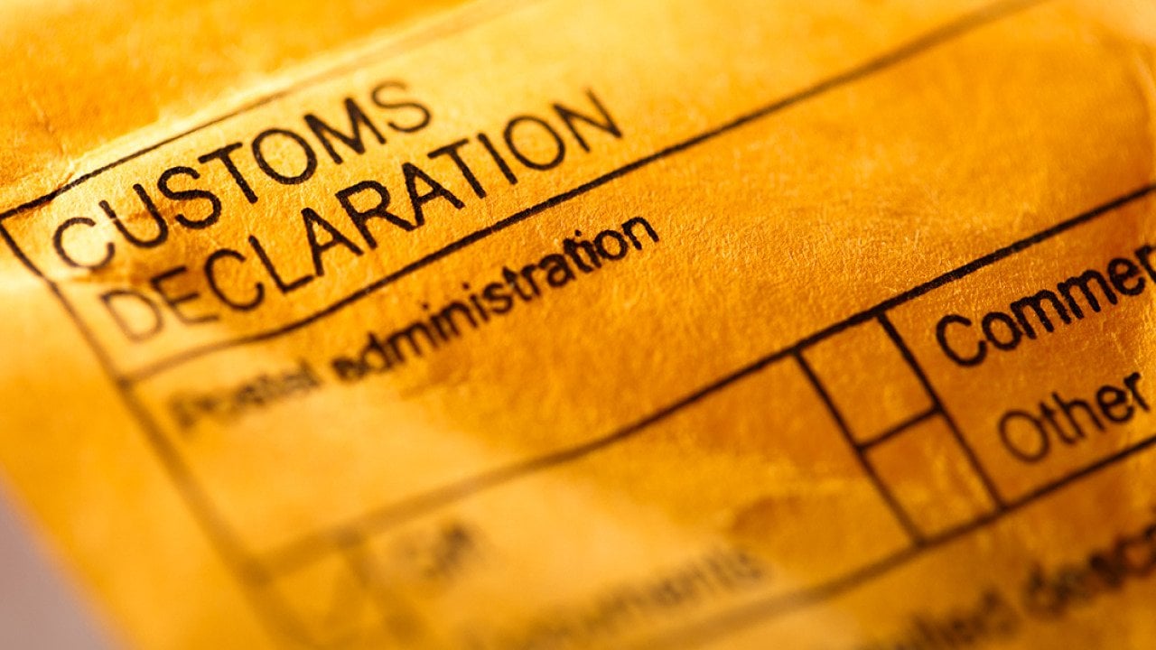 A post envelope closed up on the 'customs declaration' parts to fill out.