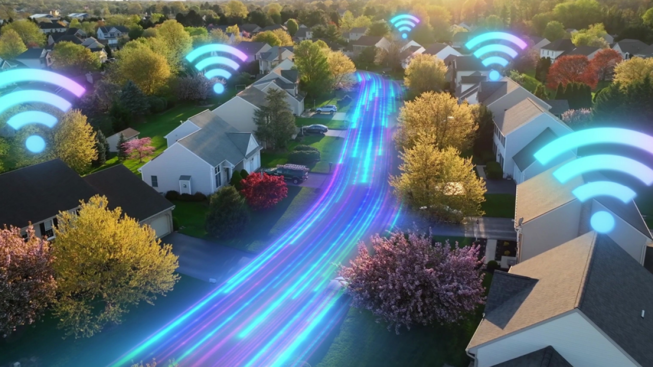 Glowing wifi symbols and speed line graphics illustrated over modern American homes.