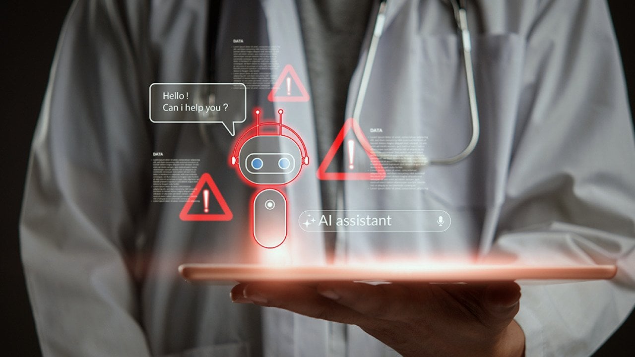 A doctor holding a tablet with AI chatbot and warning graphics illustrated.
