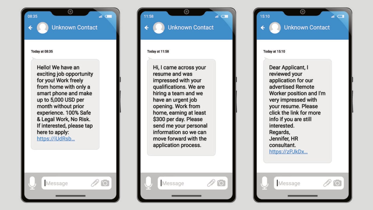 Three examples of scam job offer text messages from an unknown contact.