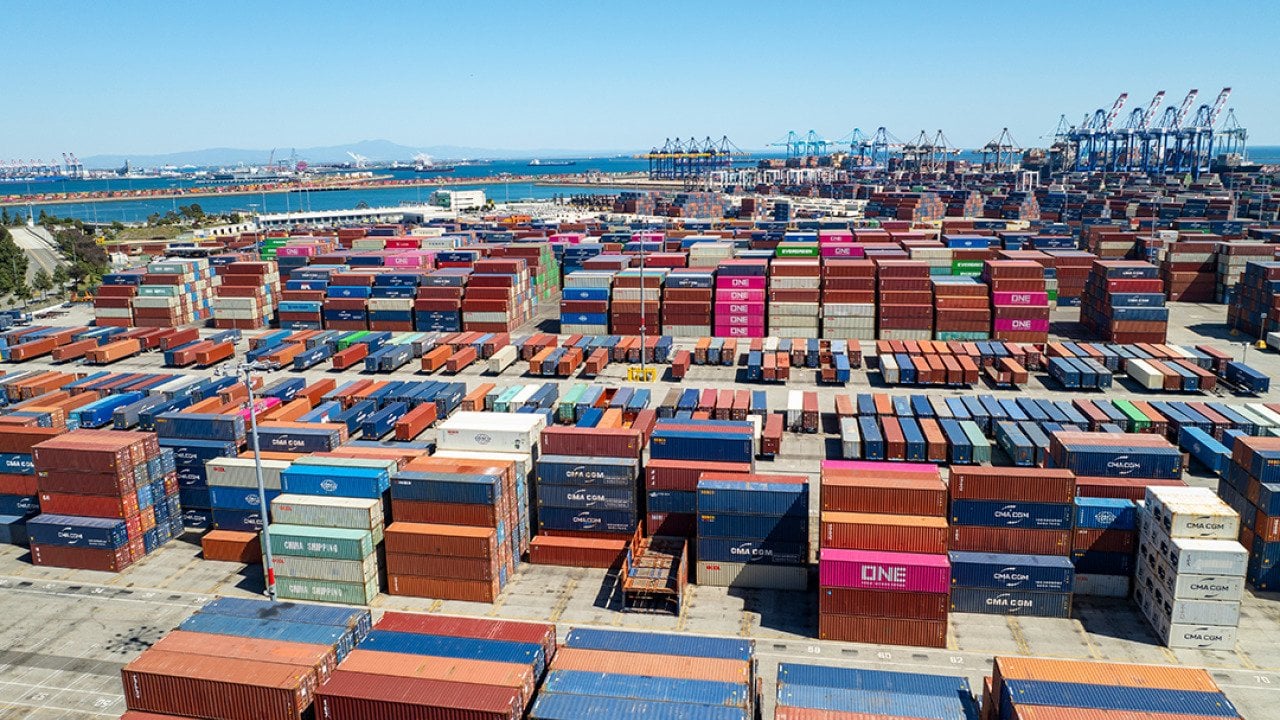 Stacked shipping containers in a port in Los Angeles, California.