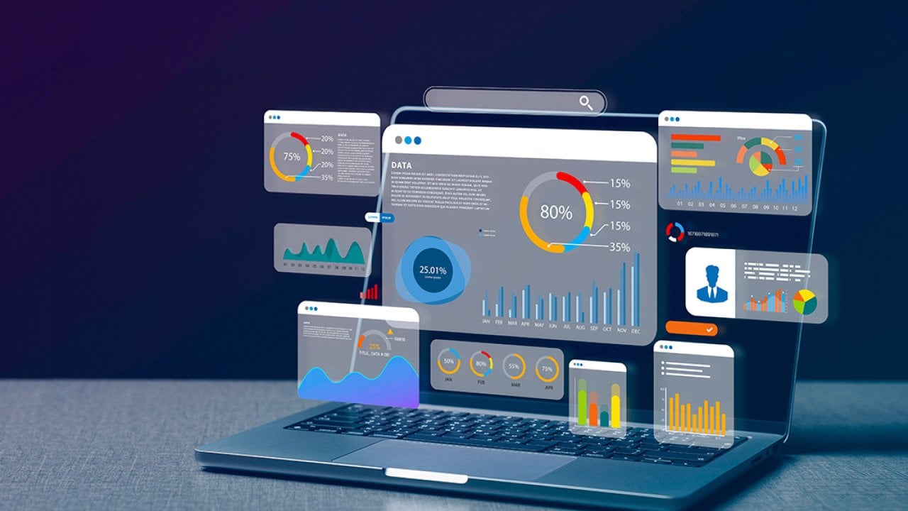A laptop illustrated with AI data dashboard and software graphics.