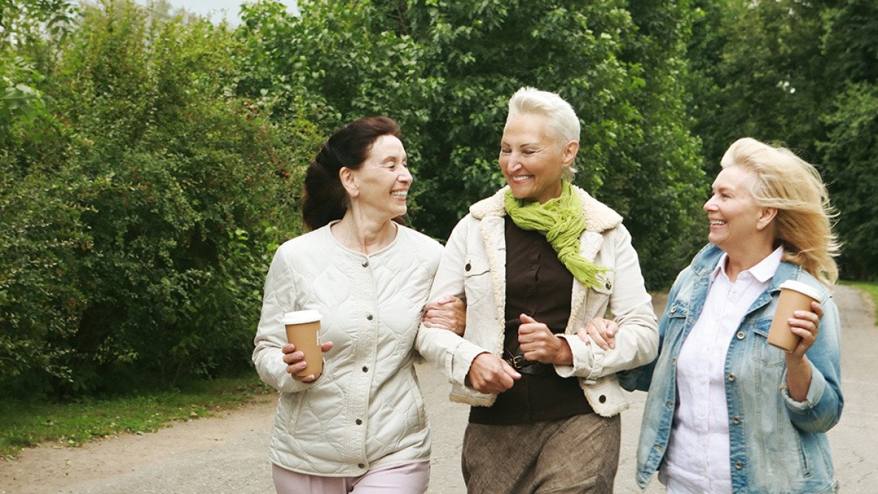 Three elderly women walking in the park.