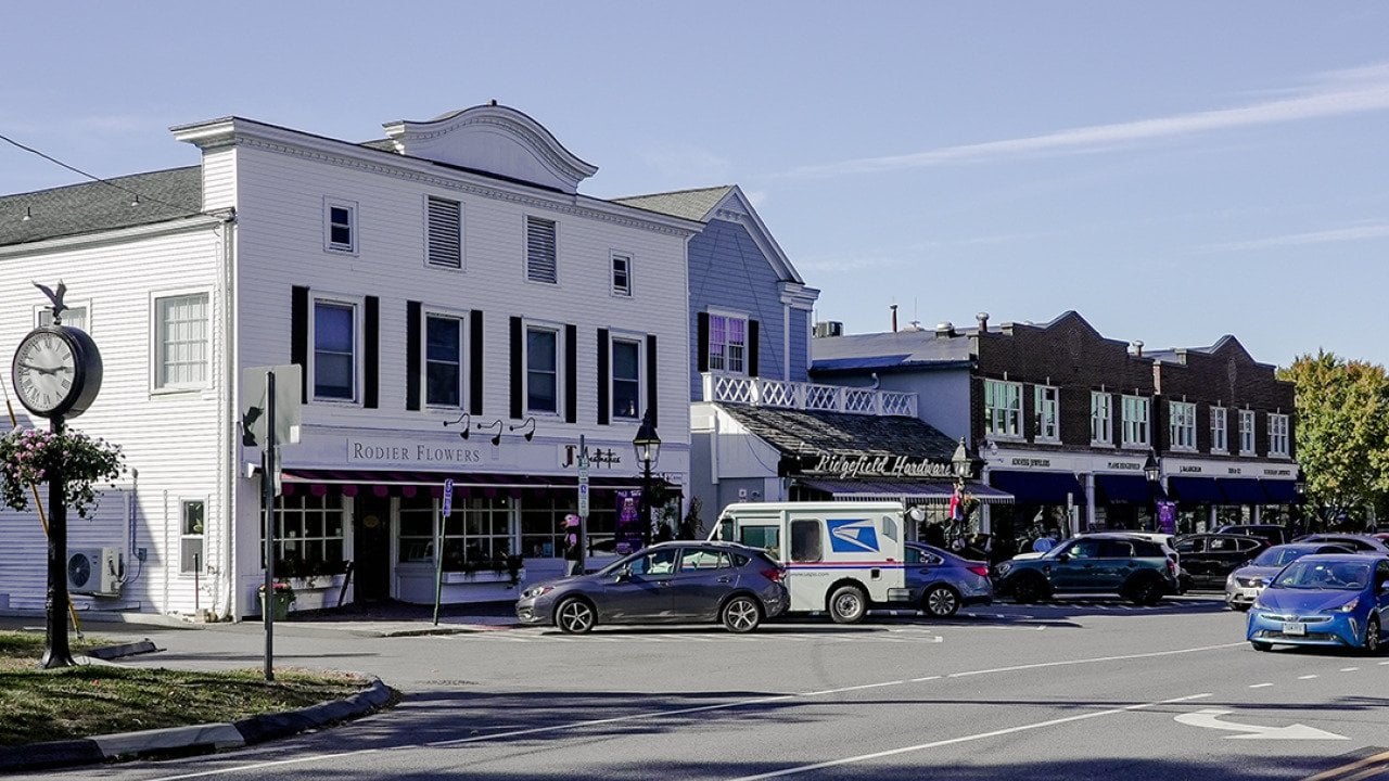 A view of a street in Ridgefield, Connecticut.