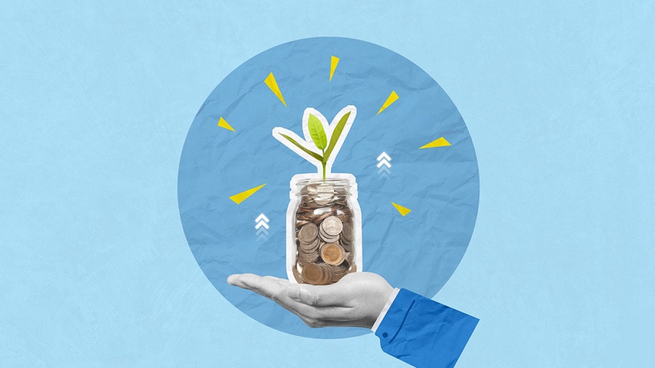 A custom collage illustration of a hand holding a jar of coins growing a plant against a blue background.