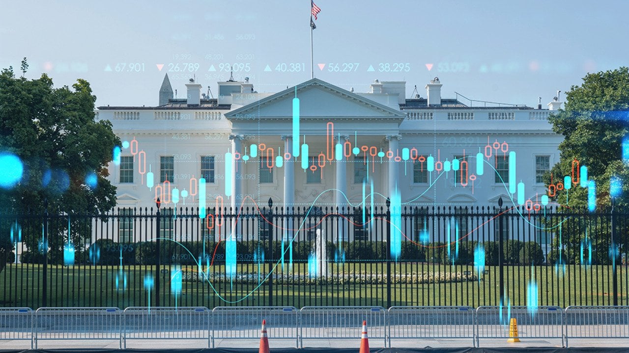 The White House illustrated with trading graphics.