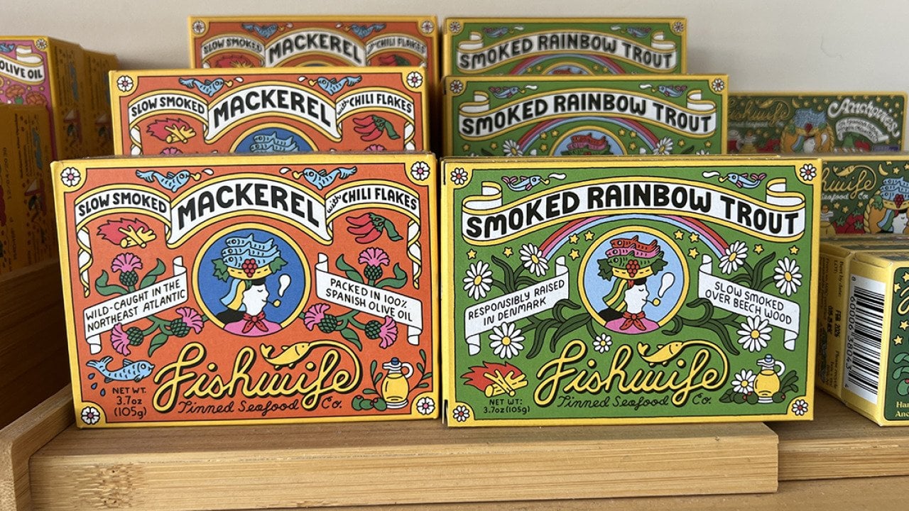 An assortment of Fishwife tinned seafood products on display.