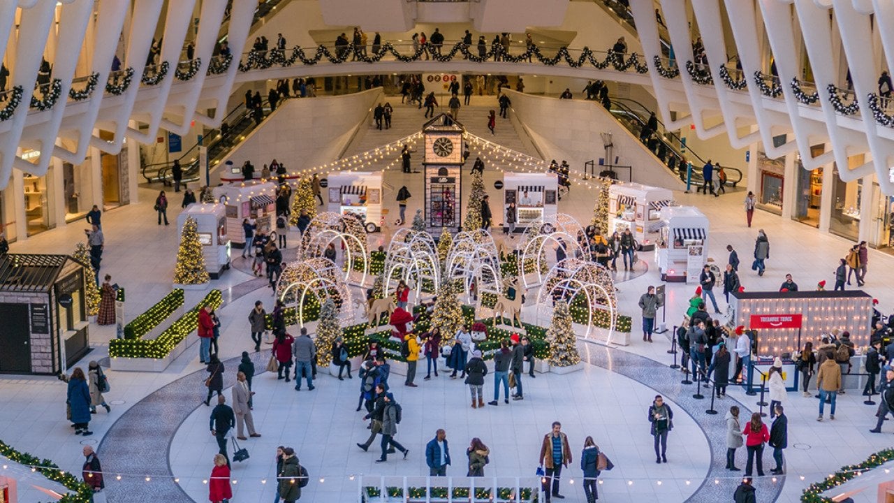 Christmas decorations fill the interior of a shopping mall in Manhattan, New York.