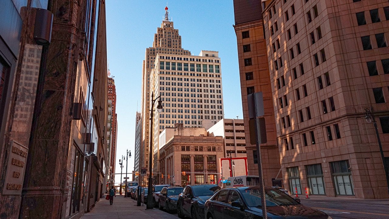 Street view of downtown Detroit, Michigan.