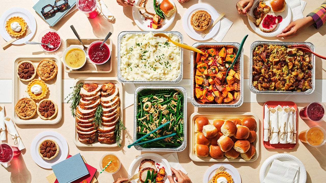 Various dishes for a holiday office party tablescape.