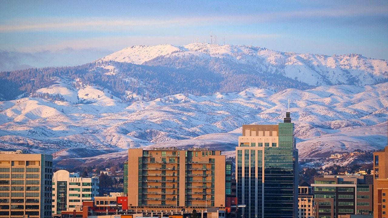 A view of the foothills and Bogus Basin Ski Resort in downtown Boise, Idaho.