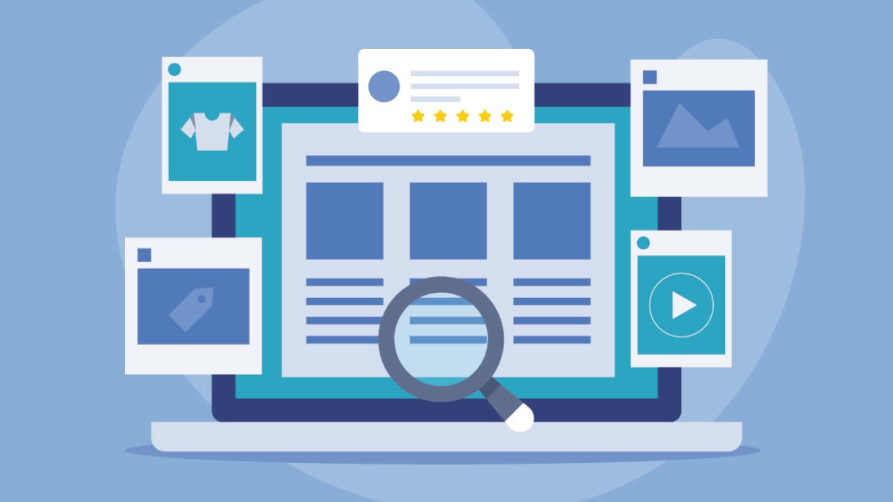 A vector illustration showing content strategy graphics for social media marketing.