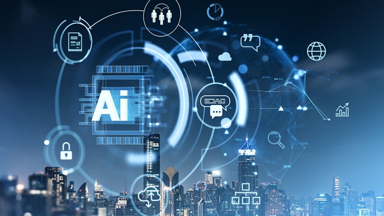 Skyscrapers at night illustrated with AI holographic icons.